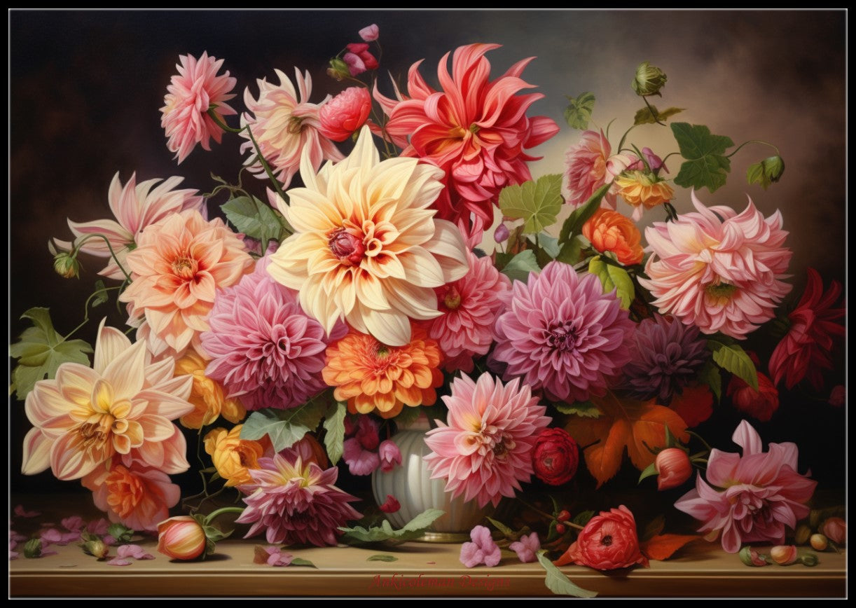 Dahlia Flowers - Counted Cross Stitch Patterns Embroidery Crafts Needlework DIY Chart DMC Color