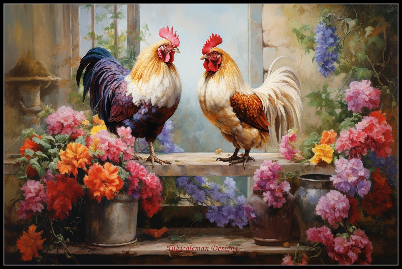 Two Chickens and Flowers - Counted Cross Stitch Patterns Embroidery Crafts Needlework DIY Chart DMC Color