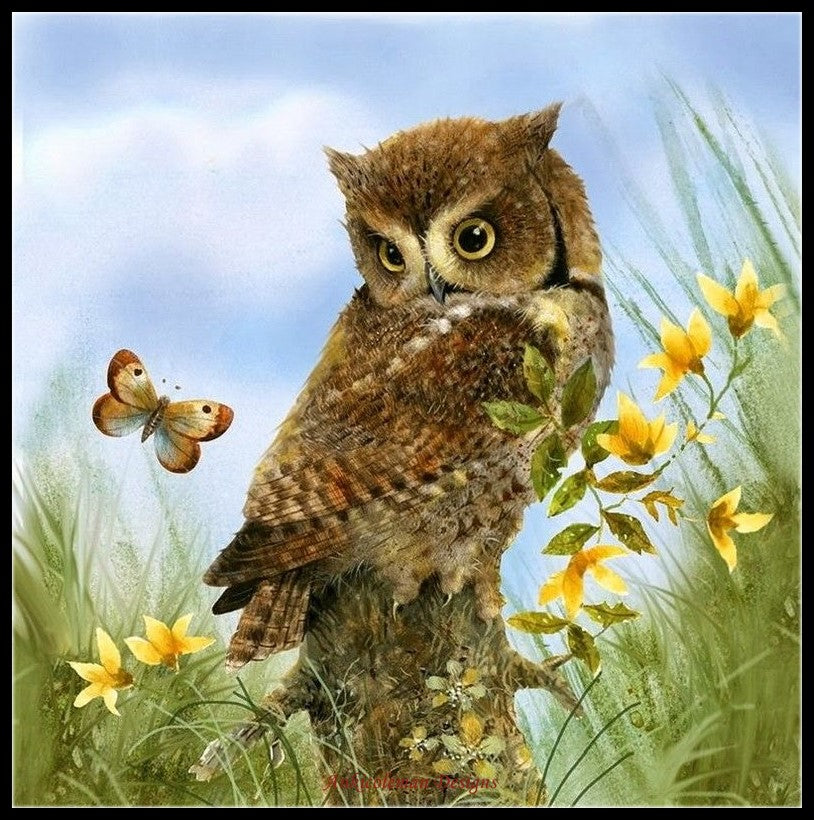Owl in the Meadow - Counted Cross Stitch Patterns Embroidery Crafts Needlework DIY Chart DMC Color
