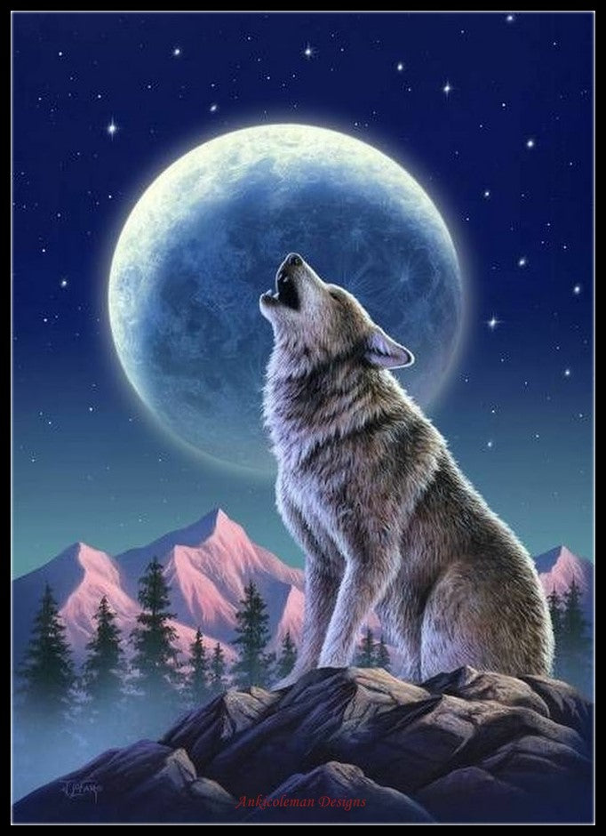 Howling Wolf - Counted Cross Stitch Patterns Embroidery Crafts Needlework DIY Chart DMC Color