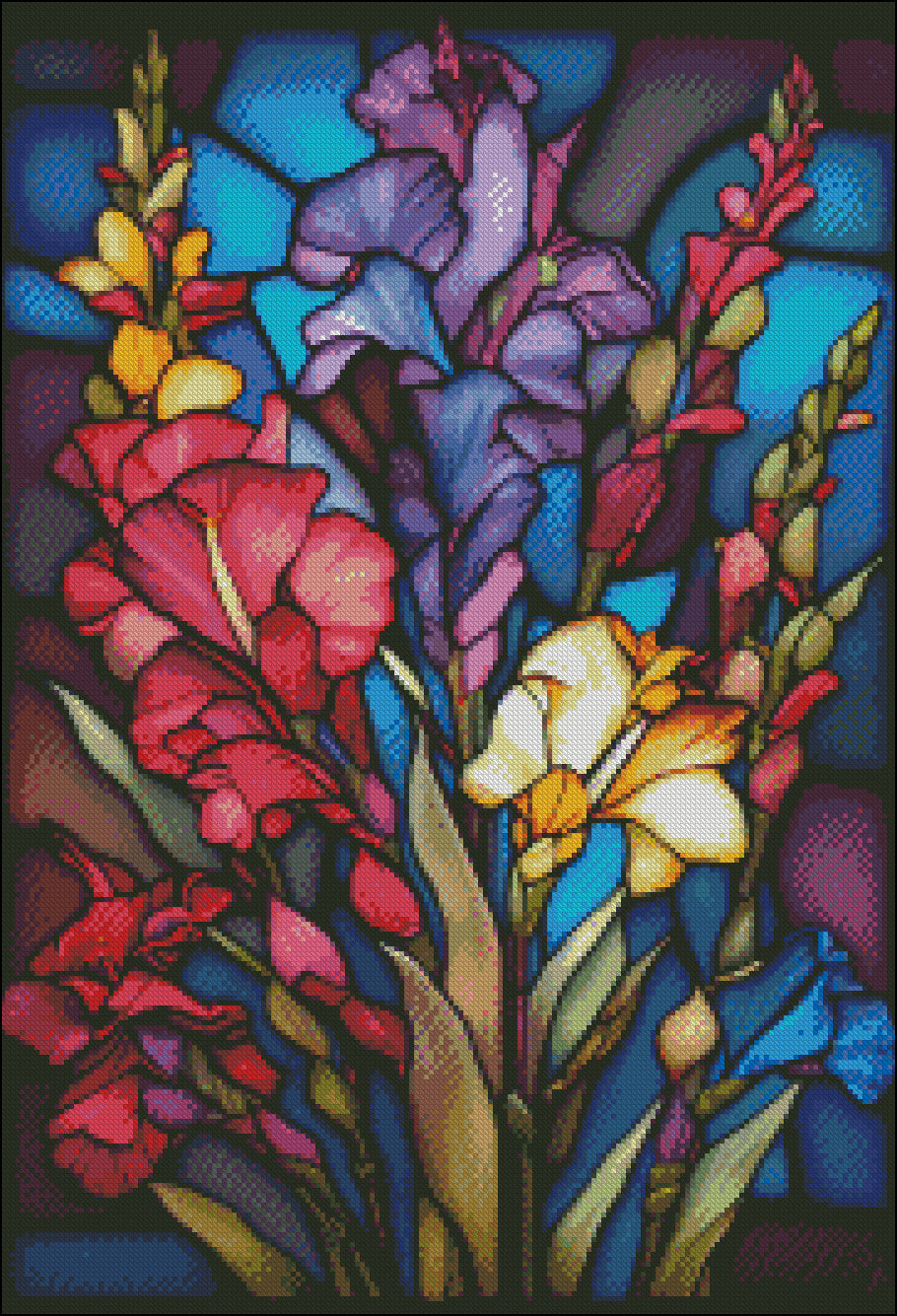 Gladiolus Stained Glass 1 - Counted Cross Stitch Patterns Embroidery Crafts Needlework DIY Chart DMC Color