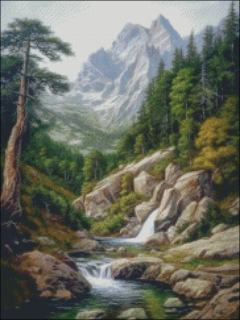 Waterfall in the Mountains 2 - Counted Cross Stitch Patterns Embroidery Crafts Needlework DIY Chart DMC Color