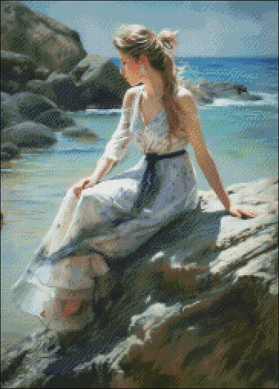 Lady Sitting on the Rock 2 - Counted Cross Stitch Patterns Embroidery Crafts Needlework DIY Chart DMC Color