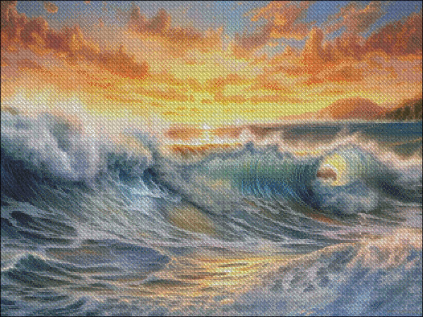 Sunset Crashing Wave - Counted Cross Stitch Patterns Embroidery Crafts Needlework DIY Chart DMC Color