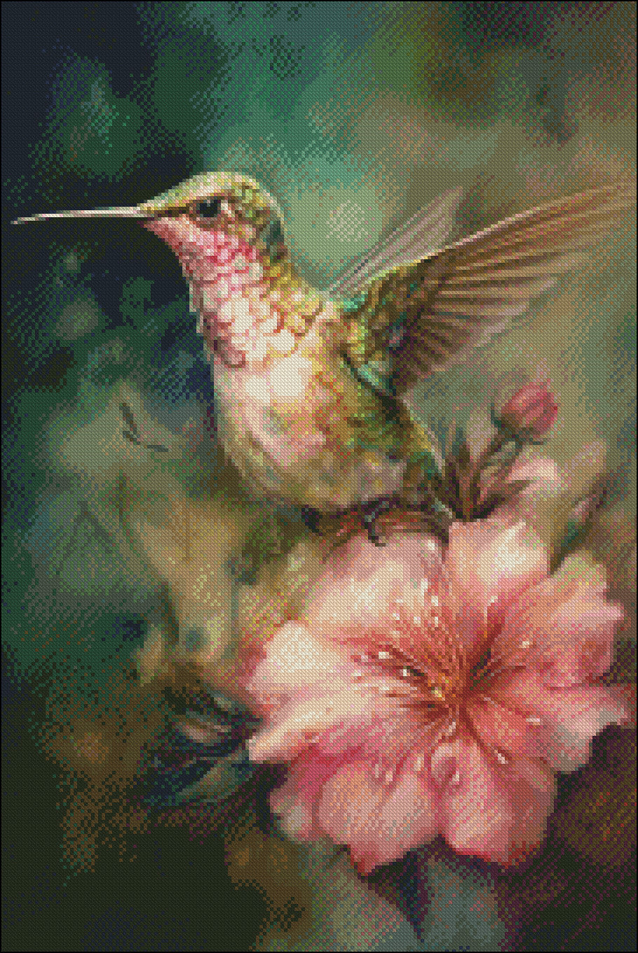 Hummingbird on a Pink Flower - Counted Cross Stitch Patterns Embroidery Crafts Needlework DIY Chart DMC Color