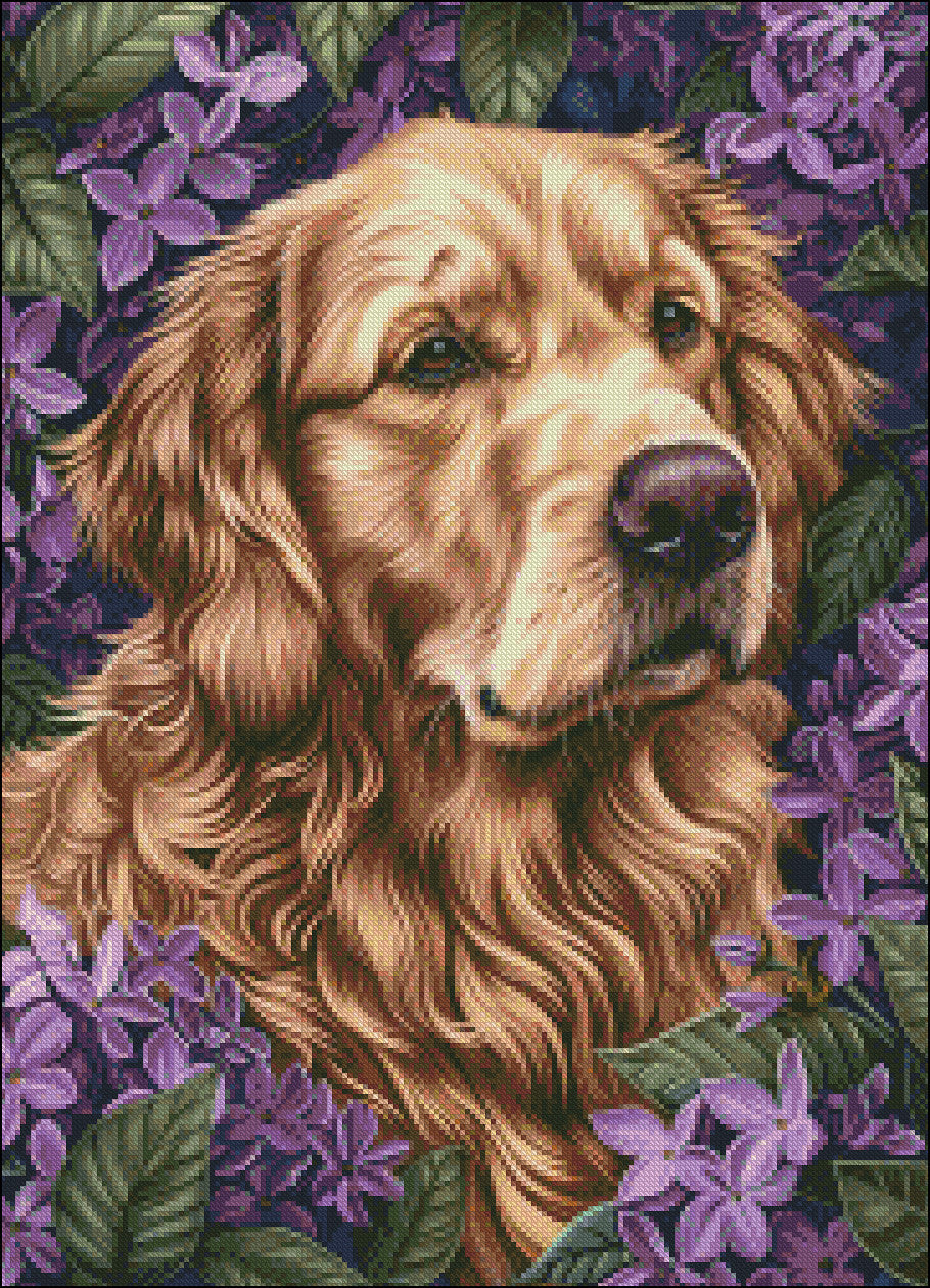Golden Retriever and Lilacs - Counted Cross Stitch Patterns Embroidery Crafts Needlework DIY Chart DMC Color