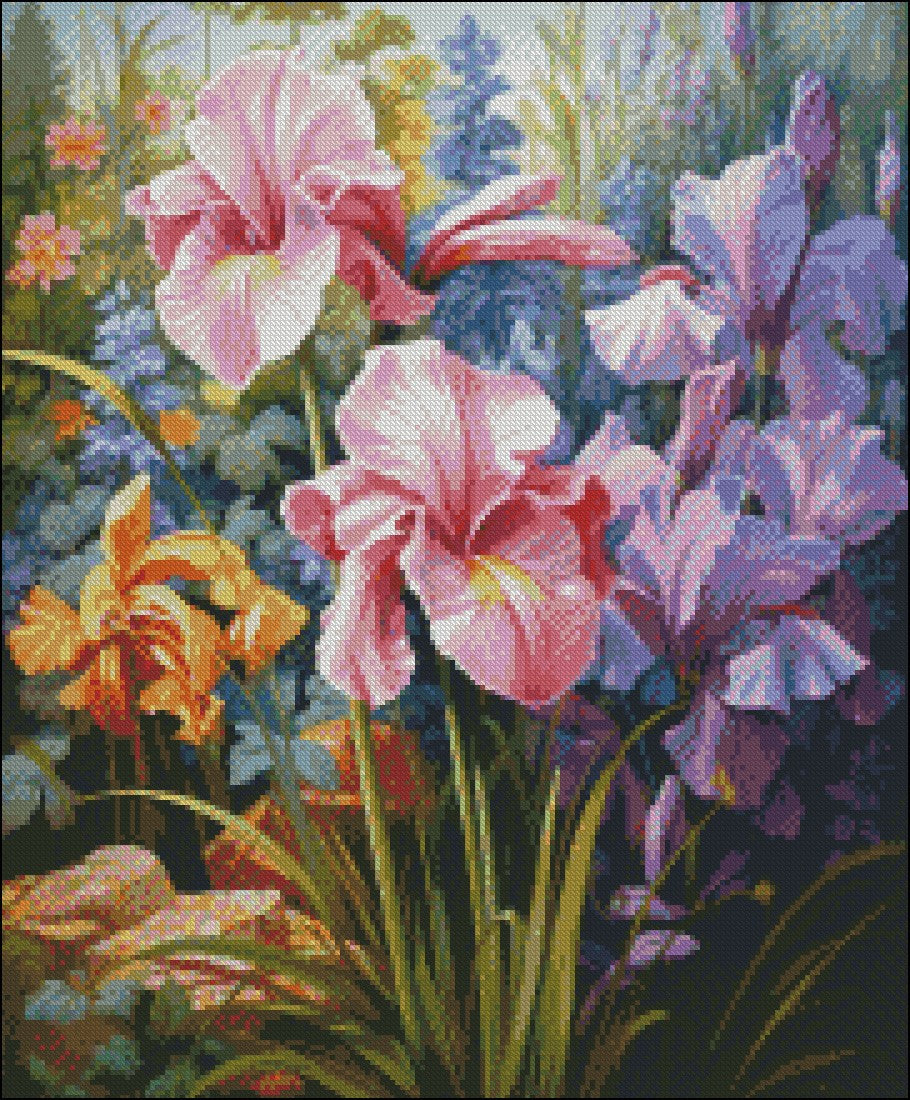 Irises Garden 2 - Counted Cross Stitch Patterns Embroidery Crafts Needlework DIY Chart DMC Color