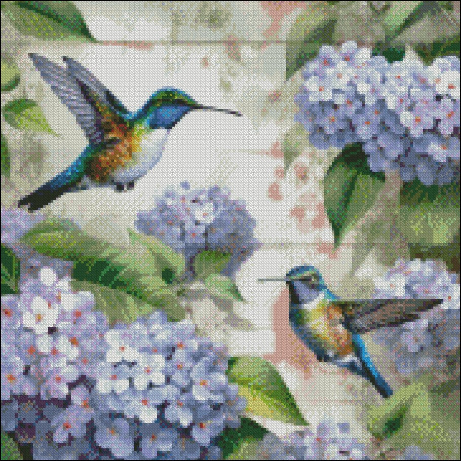 Hummingbird Hydrangeas - Counted Cross Stitch Patterns Embroidery Crafts Needlework DIY Chart DMC Color