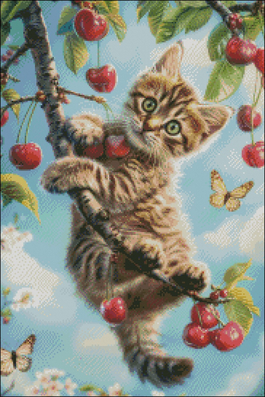 Blossom Branch Kitten - Counted Cross Stitch Patterns Embroidery Crafts Needlework DIY Chart DMC Color