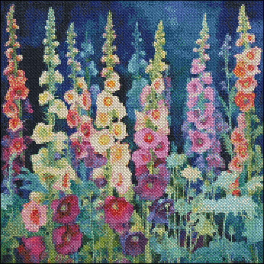 Hollyhocks Row Cool 5 - Counted Cross Stitch Patterns Embroidery Crafts Needlework DIY Chart DMC Color