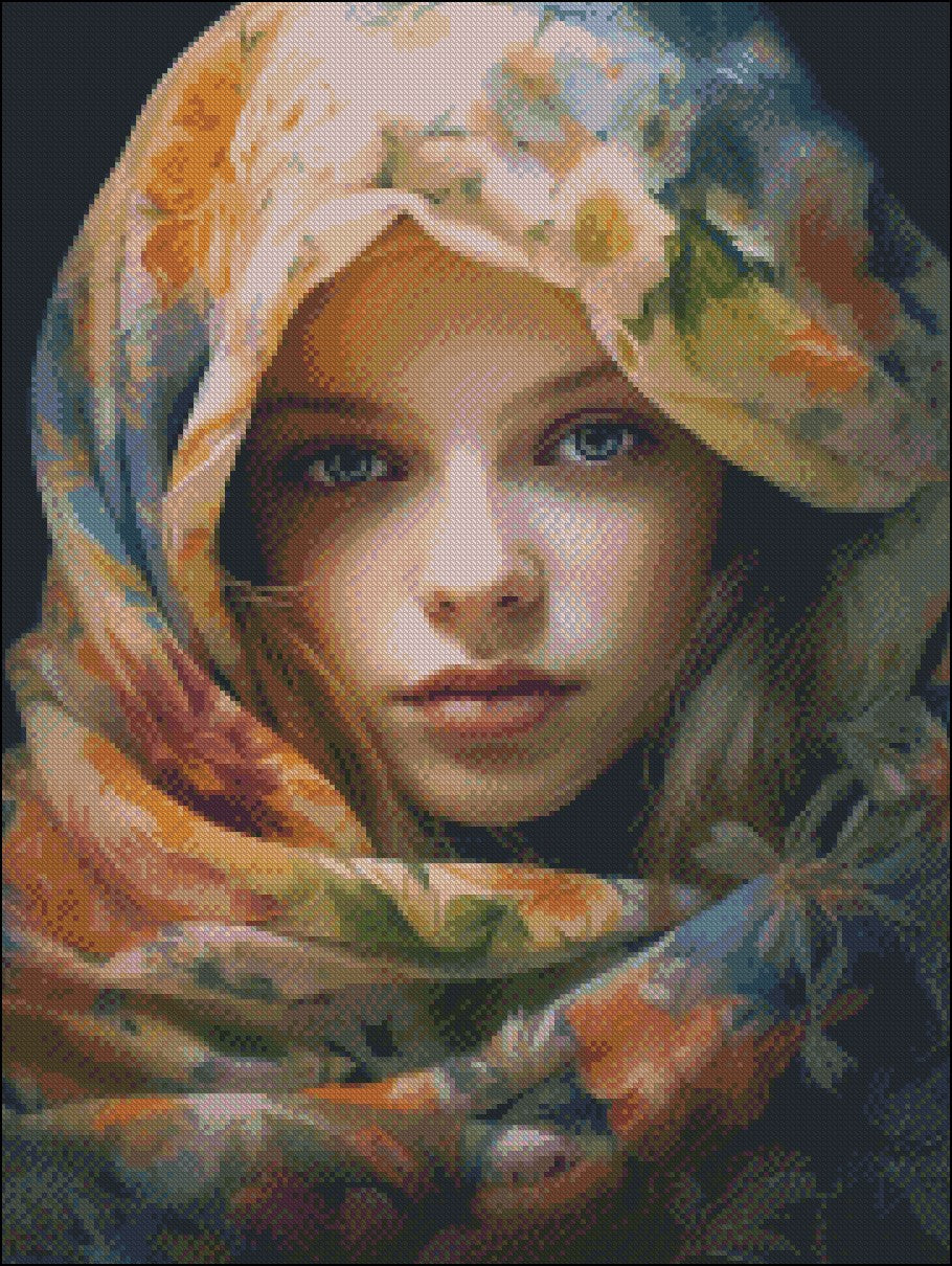 Young Girl in a Scarf - Counted Cross Stitch Patterns Embroidery Crafts Needlework DIY Chart DMC Color