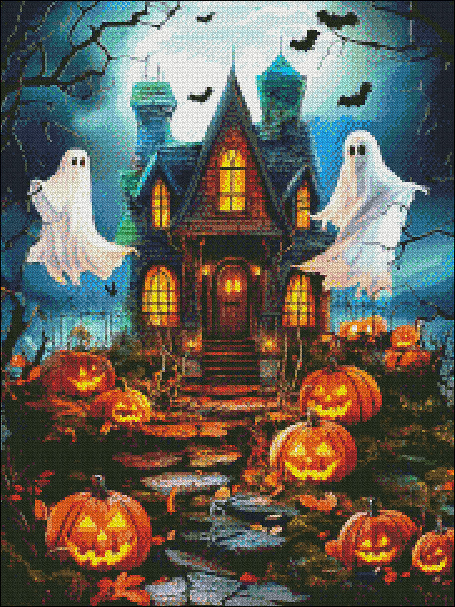 Spooky Haunted House - Counted Cross Stitch Patterns Embroidery Crafts Needlework DIY Chart DMC Color