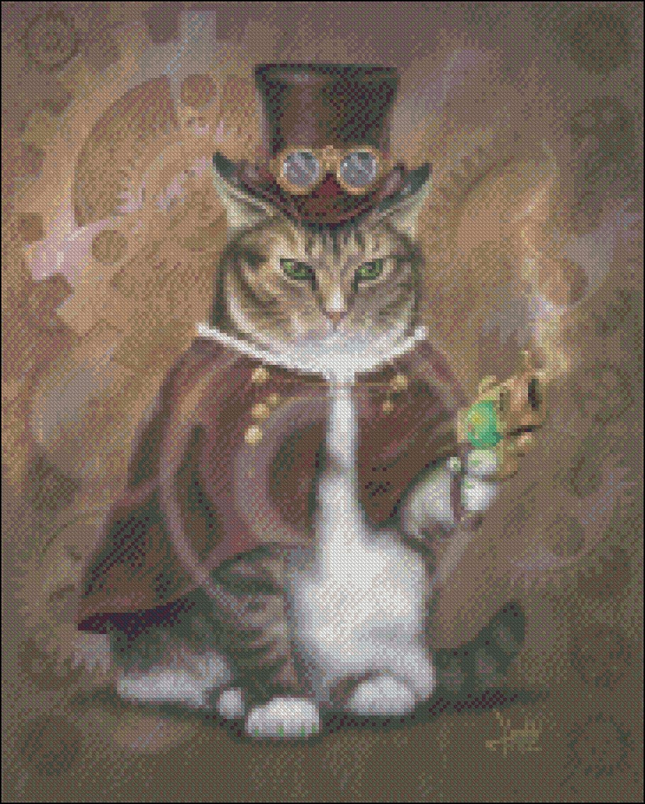 Steampunk Kitty 2 - Counted Cross Stitch Patterns Embroidery Crafts Needlework DIY Chart DMC Color