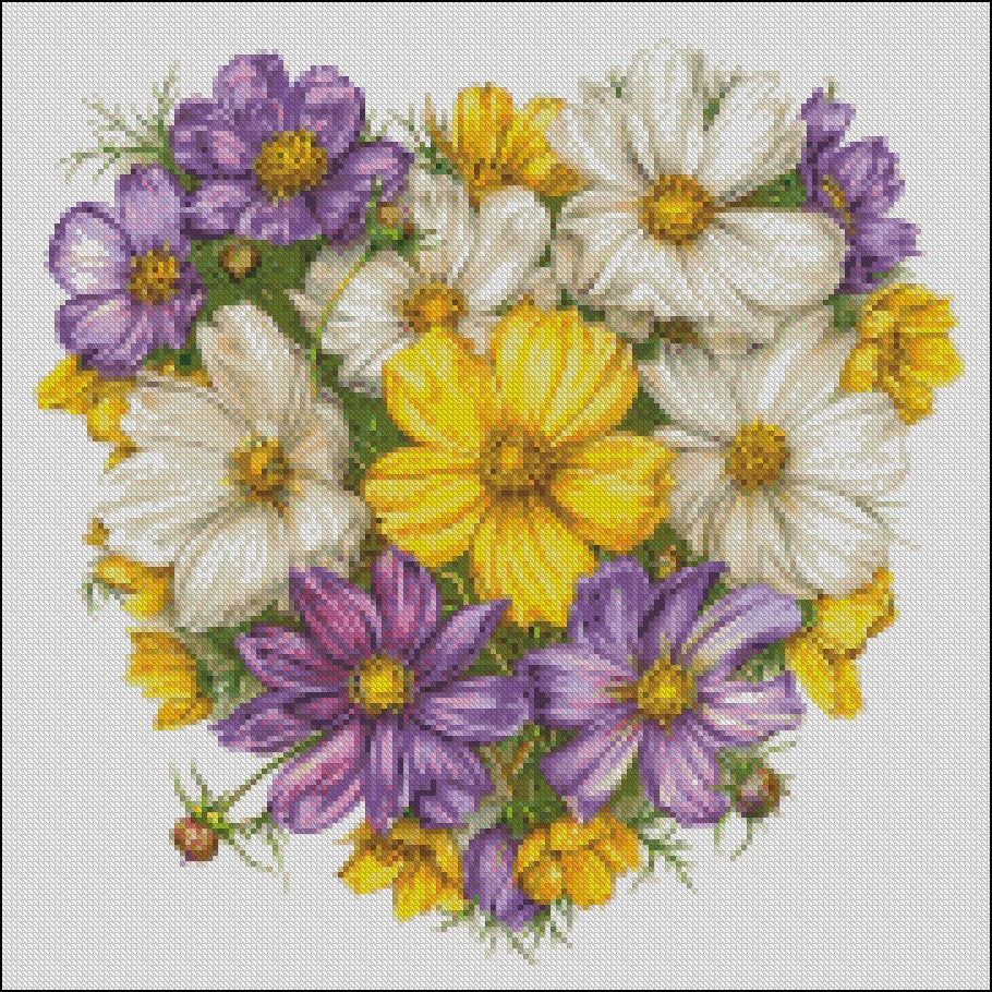 Cosmos Heart Delight - Counted Cross Stitch Patterns Embroidery Crafts Needlework DIY Chart DMC Color