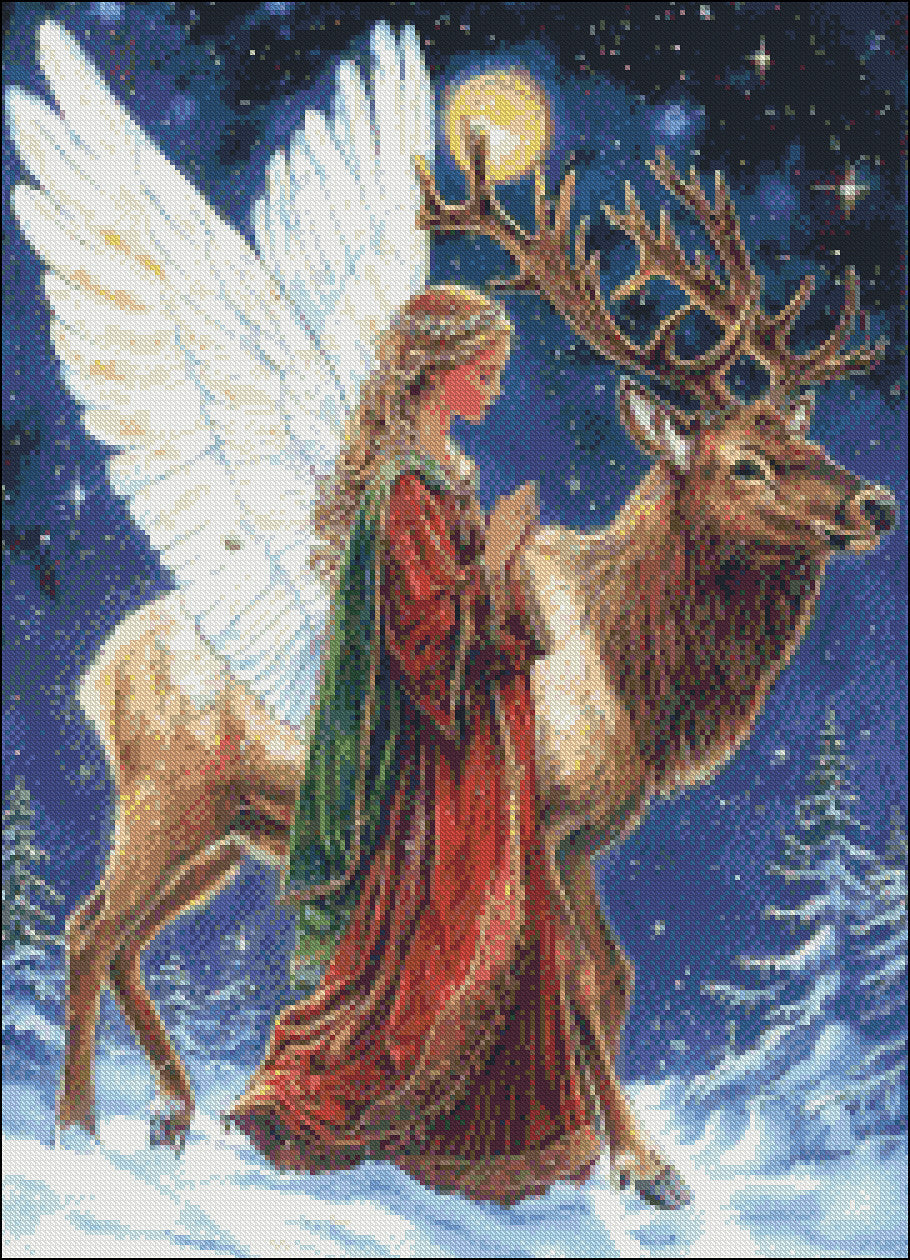 Guardian Angel with an Elk - Counted Cross Stitch Patterns Embroidery Crafts Needlework DIY Chart DMC Color