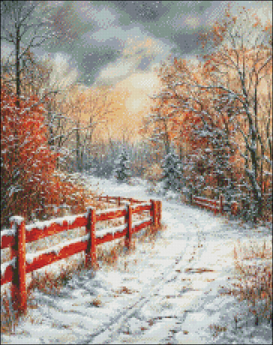 Red Fence - Counted Cross Stitch Patterns Embroidery Crafts Needlework DIY Chart DMC Color