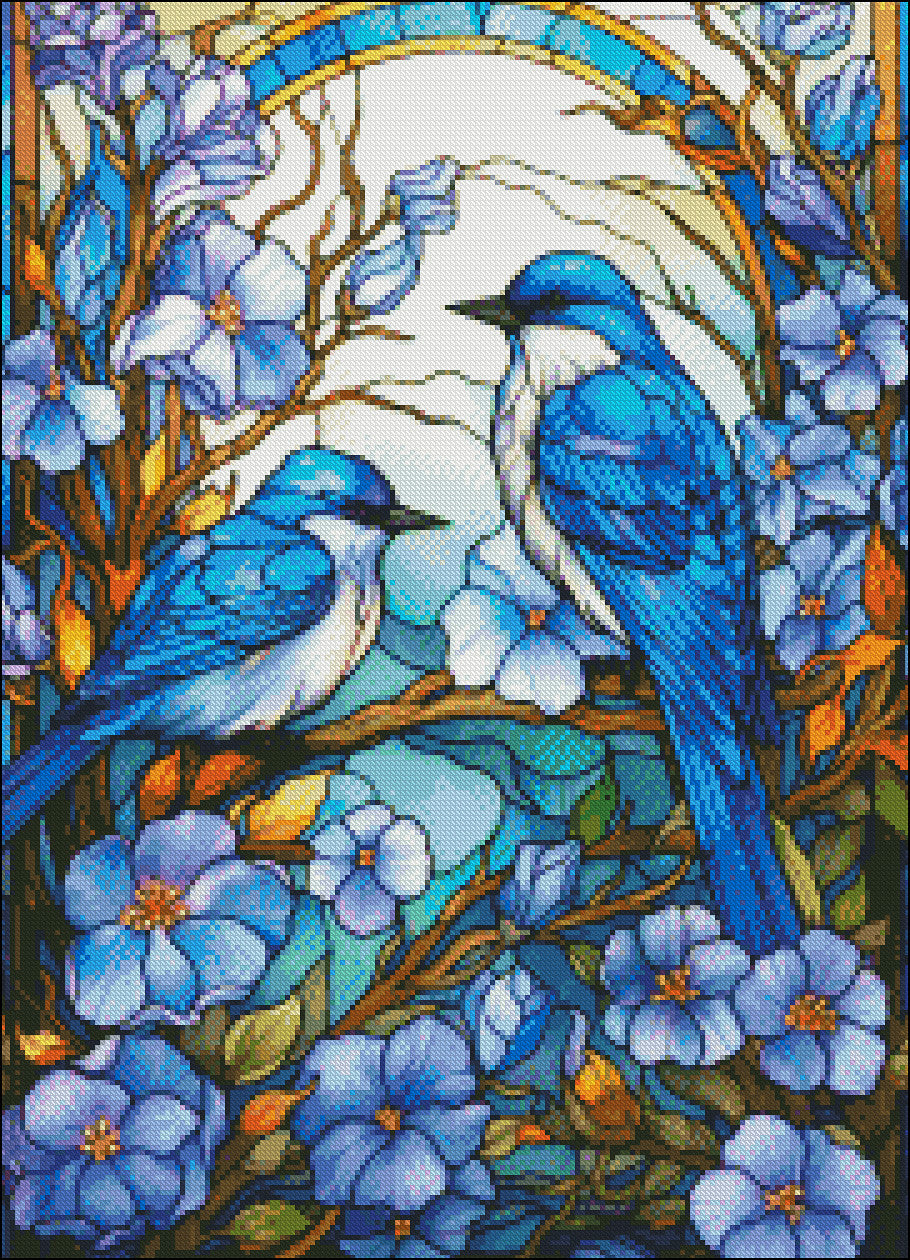 Stained Glass Flowers and Bluebirds - Counted Cross Stitch Patterns Embroidery Crafts Needlework DIY Chart DMC Color