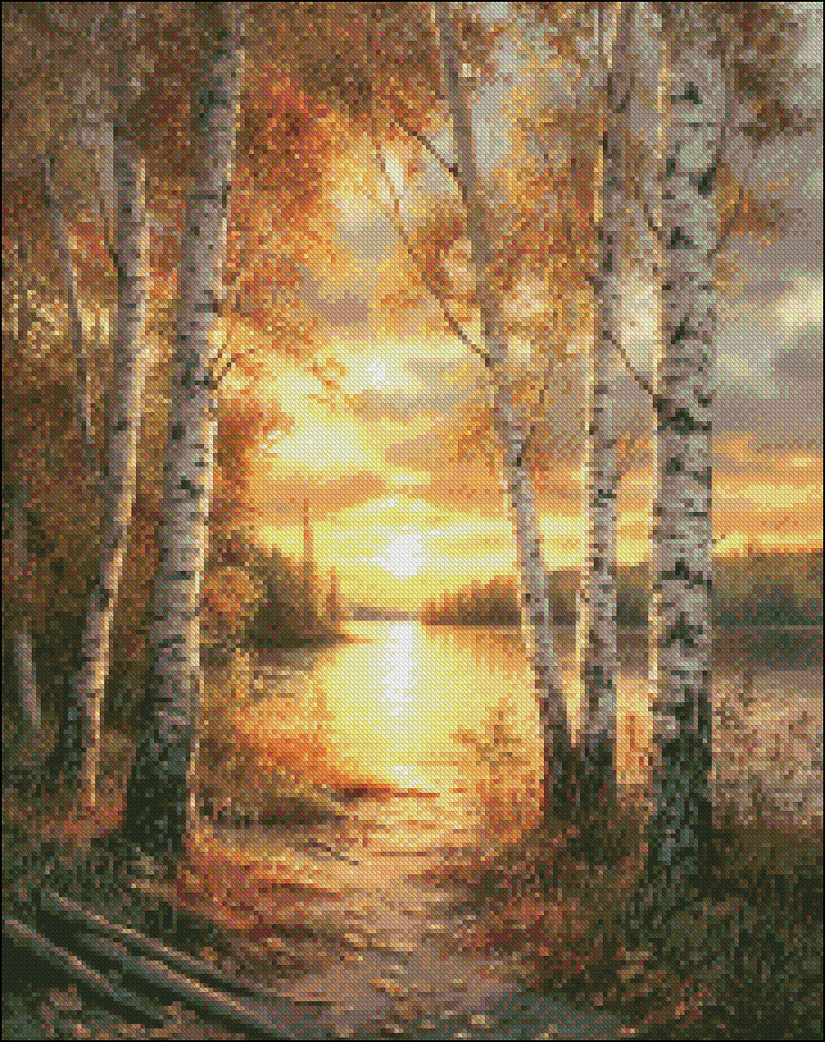 Birch Sunset 1 - Counted Cross Stitch Patterns Embroidery Crafts Needlework DIY Chart DMC Color