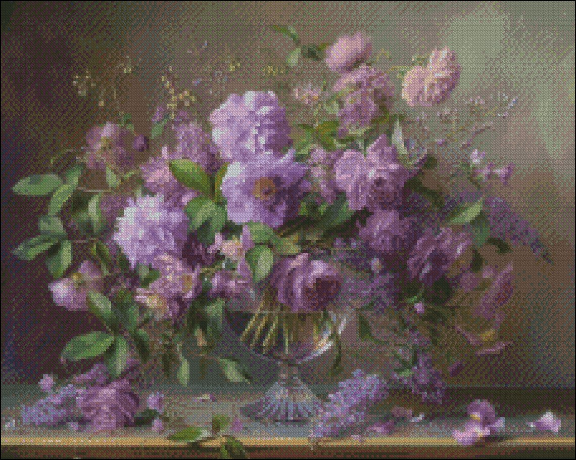 Purple Flowers in a Glass Vase - Counted Cross Stitch Patterns Embroidery Crafts Needlework DIY Chart DMC Color