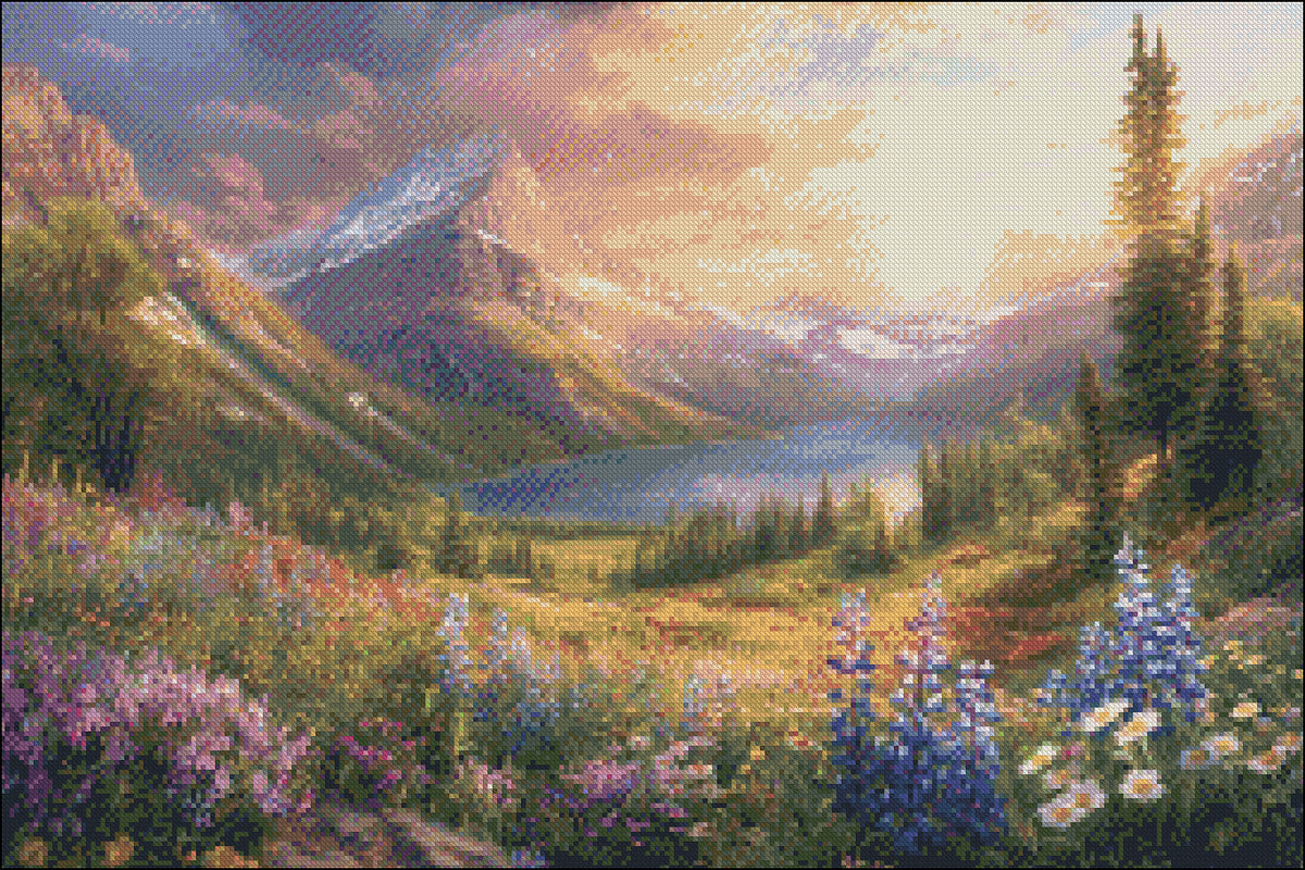 Amazing Sunset and Wildflowers 2 - Counted Cross Stitch Patterns Embroidery Crafts Needlework DIY Chart DMC Color