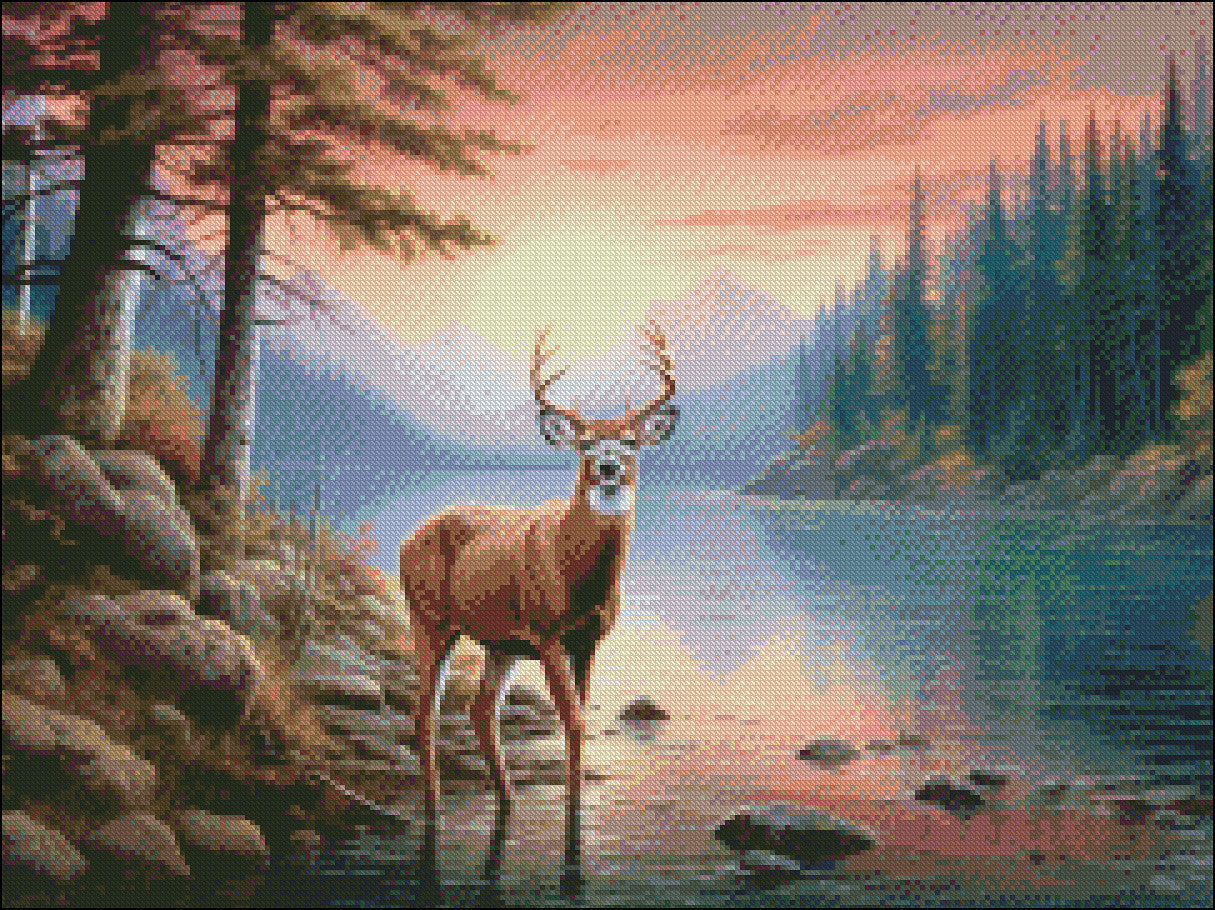 Deer in Dusk - Counted Cross Stitch Patterns Embroidery Crafts Needlework DIY Chart DMC Color