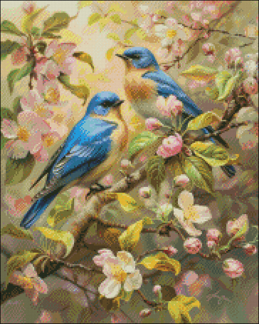 Bluebirds on Crabapple Blooms - Counted Cross Stitch Patterns Embroidery Crafts Needlework DIY Chart DMC Color