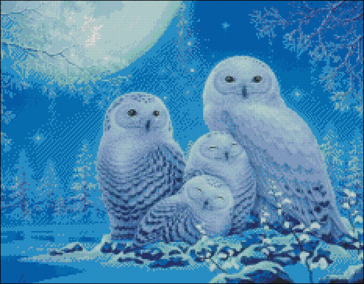 Snow Owls Family - Counted Cross Stitch Patterns Embroidery Crafts Needlework DIY Chart DMC Color
