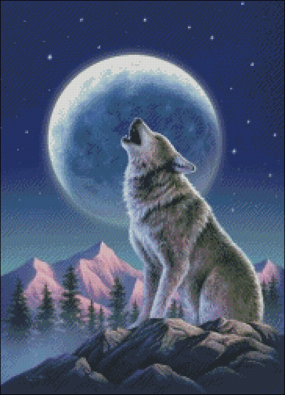 Howling Wolf - Counted Cross Stitch Patterns Embroidery Crafts Needlework DIY Chart DMC Color