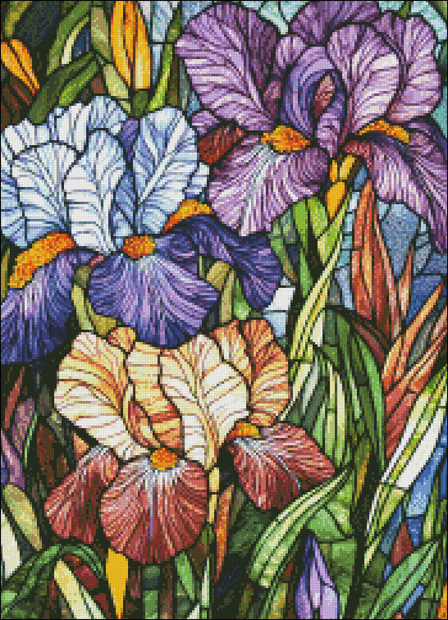 Stained Glass Iris - Counted Cross Stitch Patterns Embroidery Crafts Needlework DIY Chart DMC Color