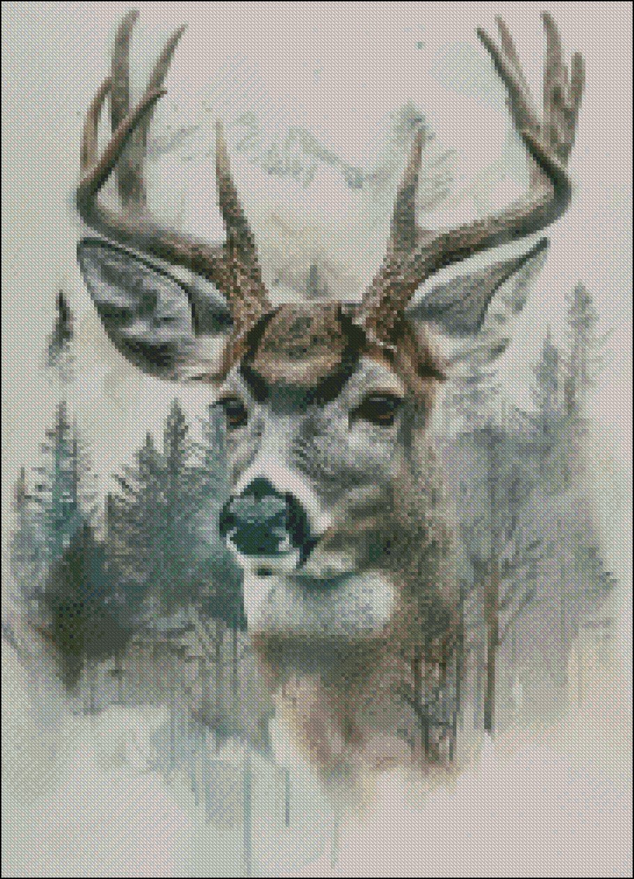 Abstract White Tail Deer - Counted Cross Stitch Patterns Embroidery Crafts Needlework DIY Chart DMC Color
