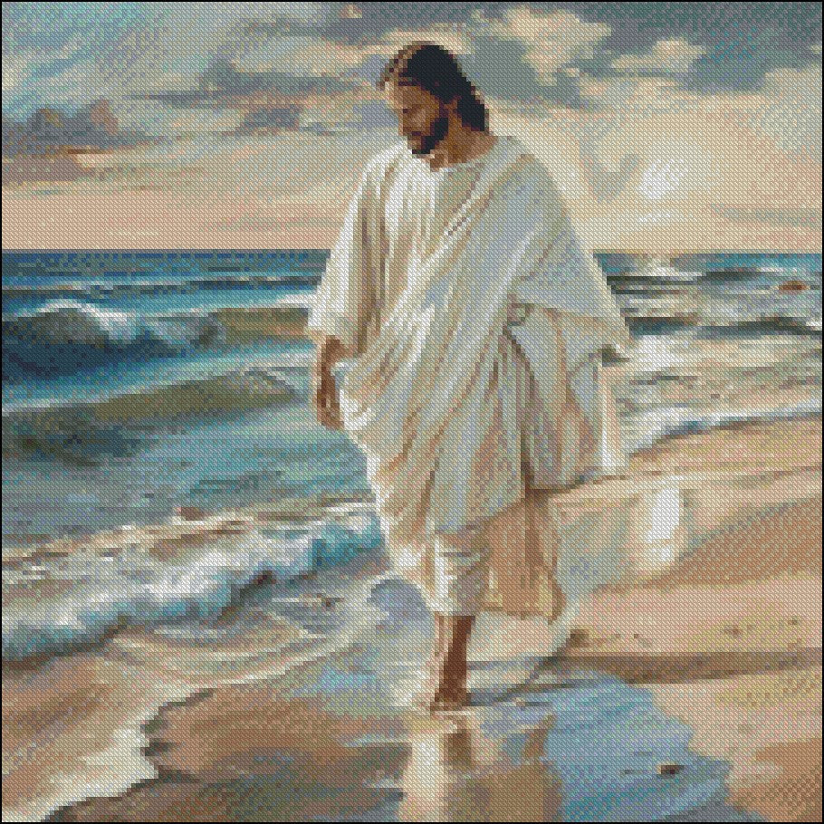 Jesus Walking on the Beach - Counted Cross Stitch Patterns Embroidery Crafts Needlework DIY Chart DMC Color