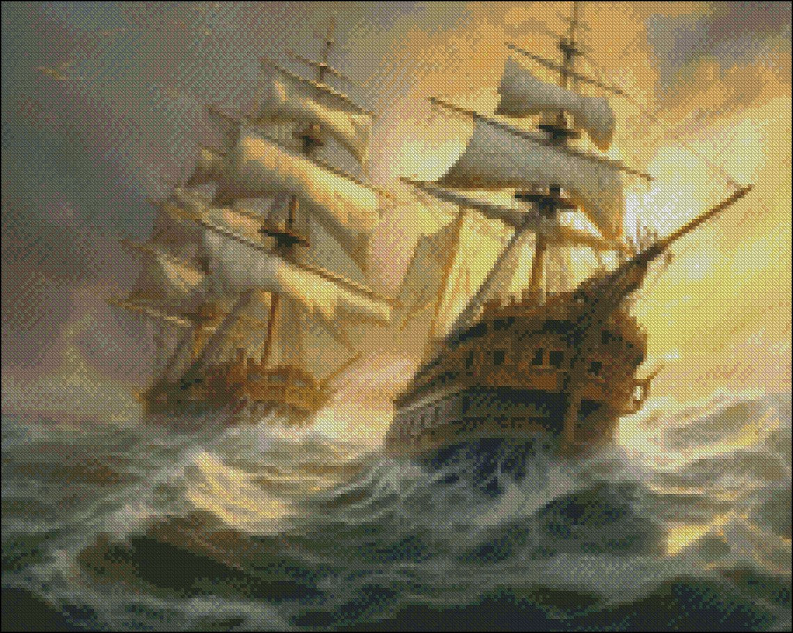 Two Ships in Rough Seas 1 - Counted Cross Stitch Patterns Embroidery Crafts Needlework DIY Chart DMC Color