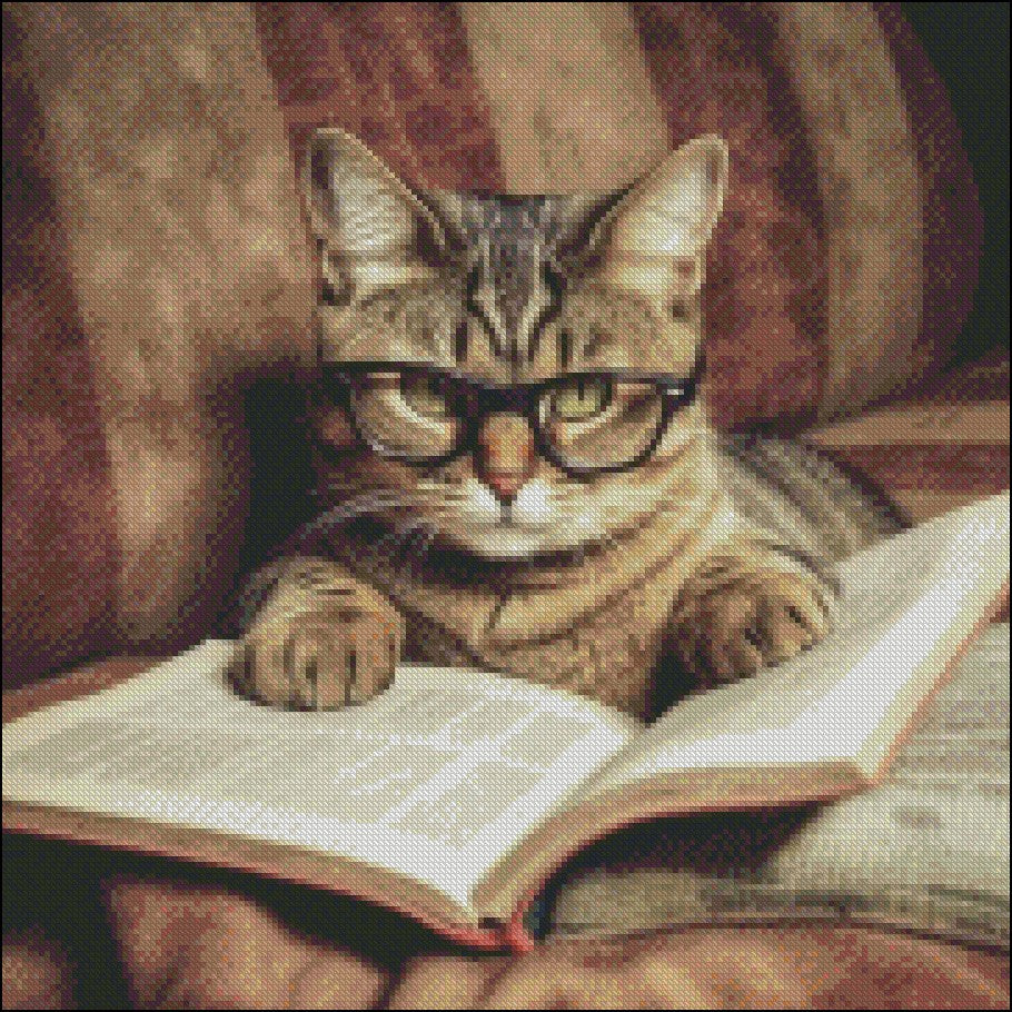Cat Reading 3 - Counted Cross Stitch Patterns Embroidery Crafts Needlework DIY Chart DMC Color