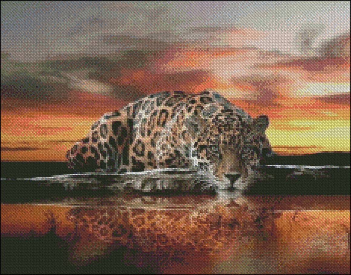 Leopard at Sunset - Counted Cross Stitch Patterns Embroidery Crafts Needlework DIY Chart DMC Color