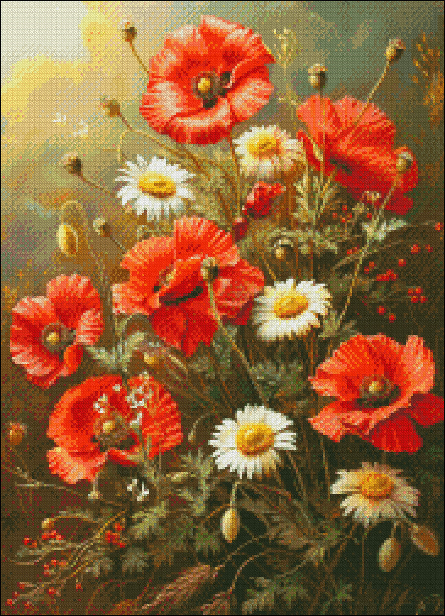 Poppies and Mayweed - Counted Cross Stitch Patterns Embroidery Crafts Needlework DIY Chart DMC Color
