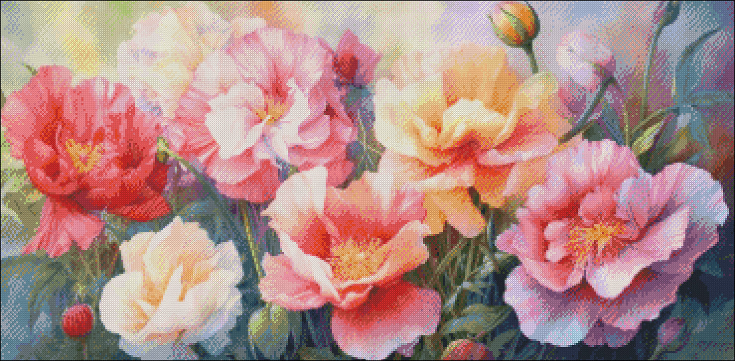 Dance of Peonies - Counted Cross Stitch Patterns Embroidery Crafts Needlework DIY Chart DMC Color