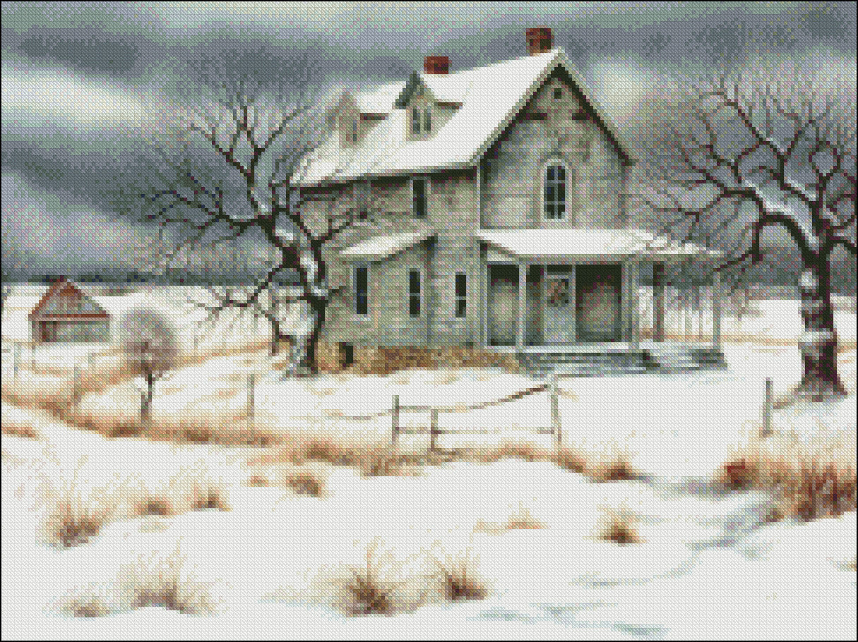 Farmhouse in Winter - Counted Cross Stitch Patterns Embroidery Crafts Needlework DIY Chart DMC Color