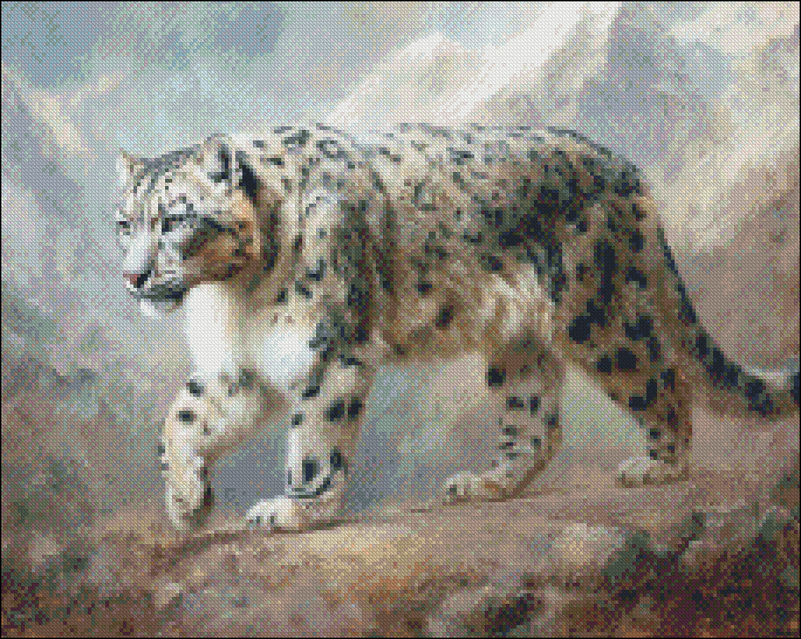 Snow Leopard in the Mountains - Counted Cross Stitch Patterns Embroidery Crafts Needlework DIY Chart DMC Color
