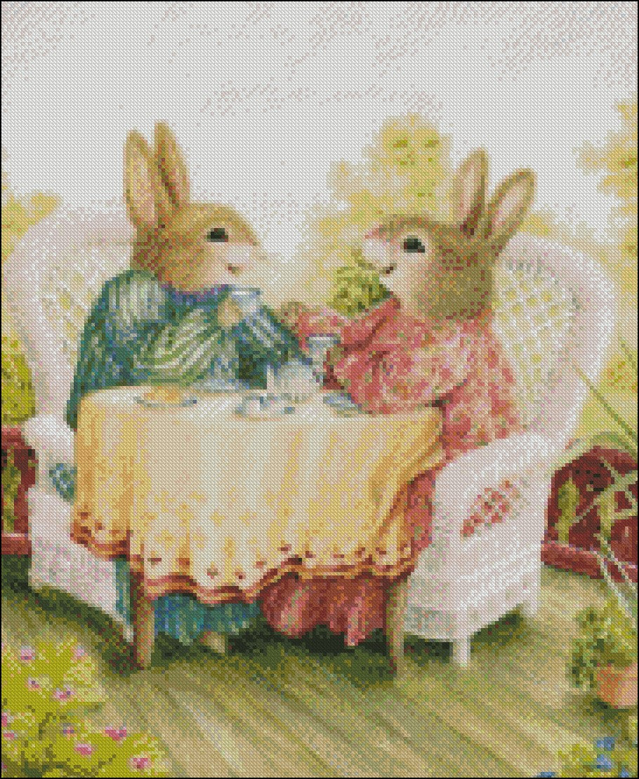 Rabbit Tea - Counted Cross Stitch Patterns Embroidery Crafts Needlework DIY Chart DMC Color