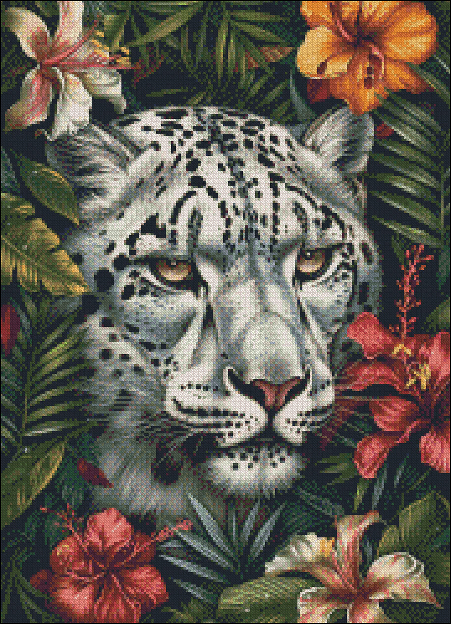 Snow Leopards Face Flowers - Counted Cross Stitch Patterns Embroidery Crafts Needlework DIY Chart DMC Color