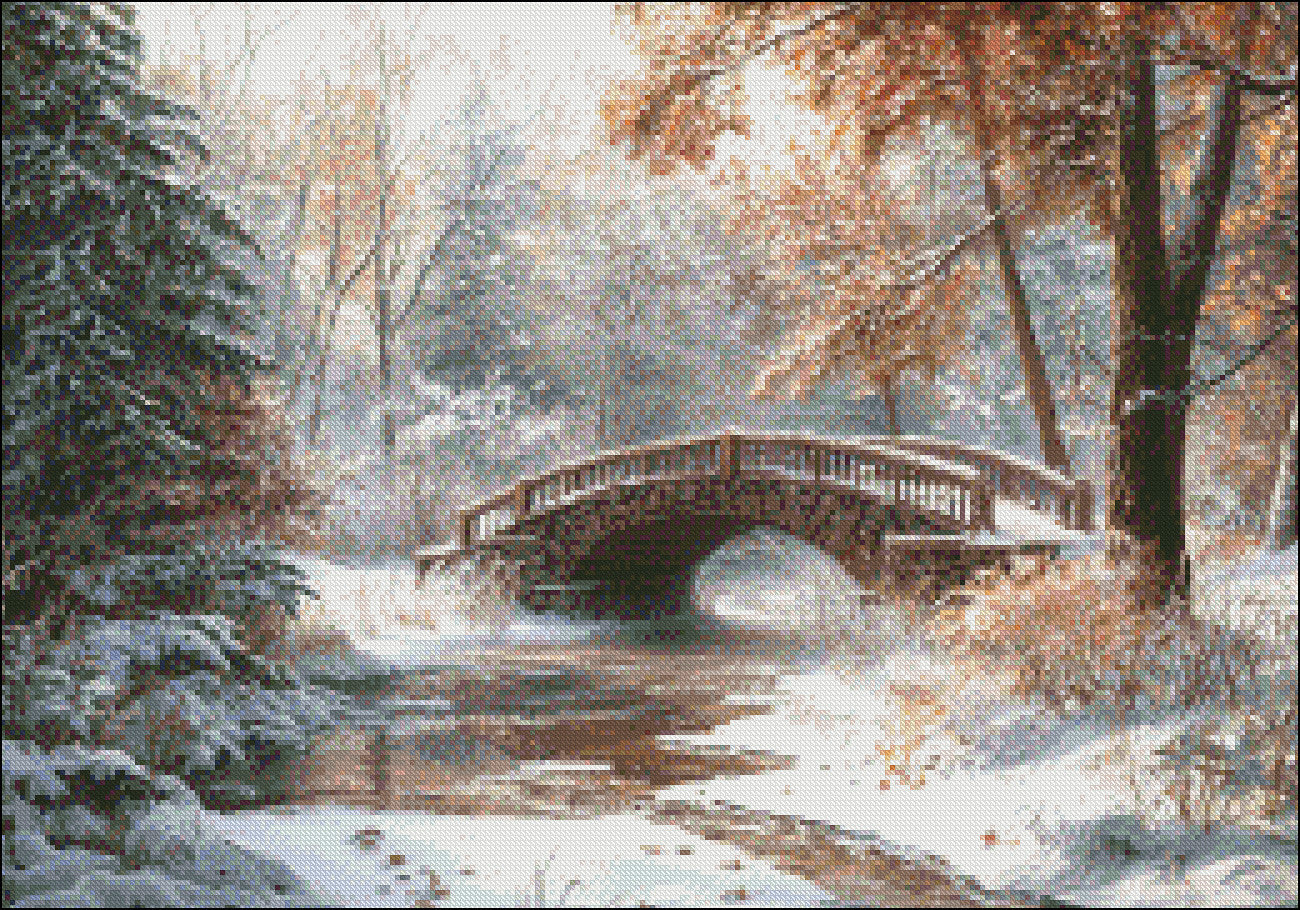 Winter Scenic Bridge 2 - Counted Cross Stitch Patterns Embroidery Crafts Needlework DIY Chart DMC Color