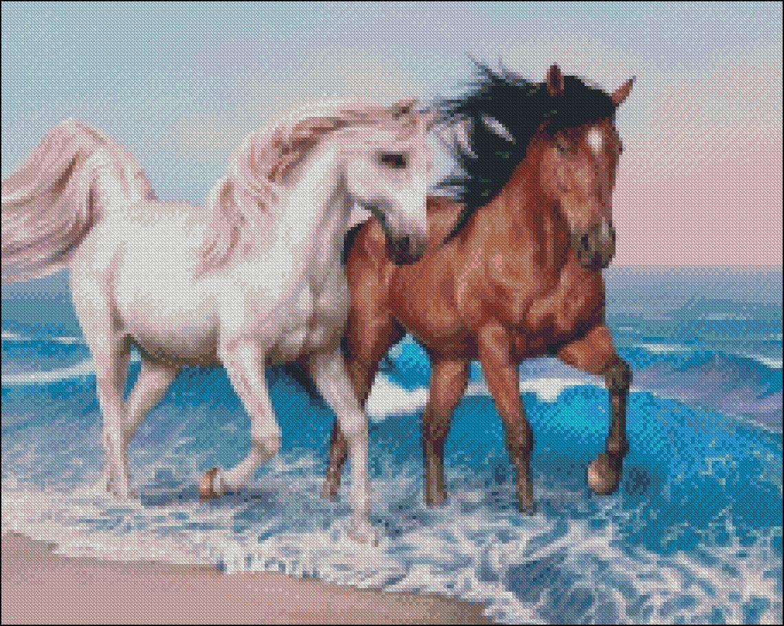 Beach Horses - Counted Cross Stitch Patterns Embroidery Crafts Needlework DIY Chart DMC Color