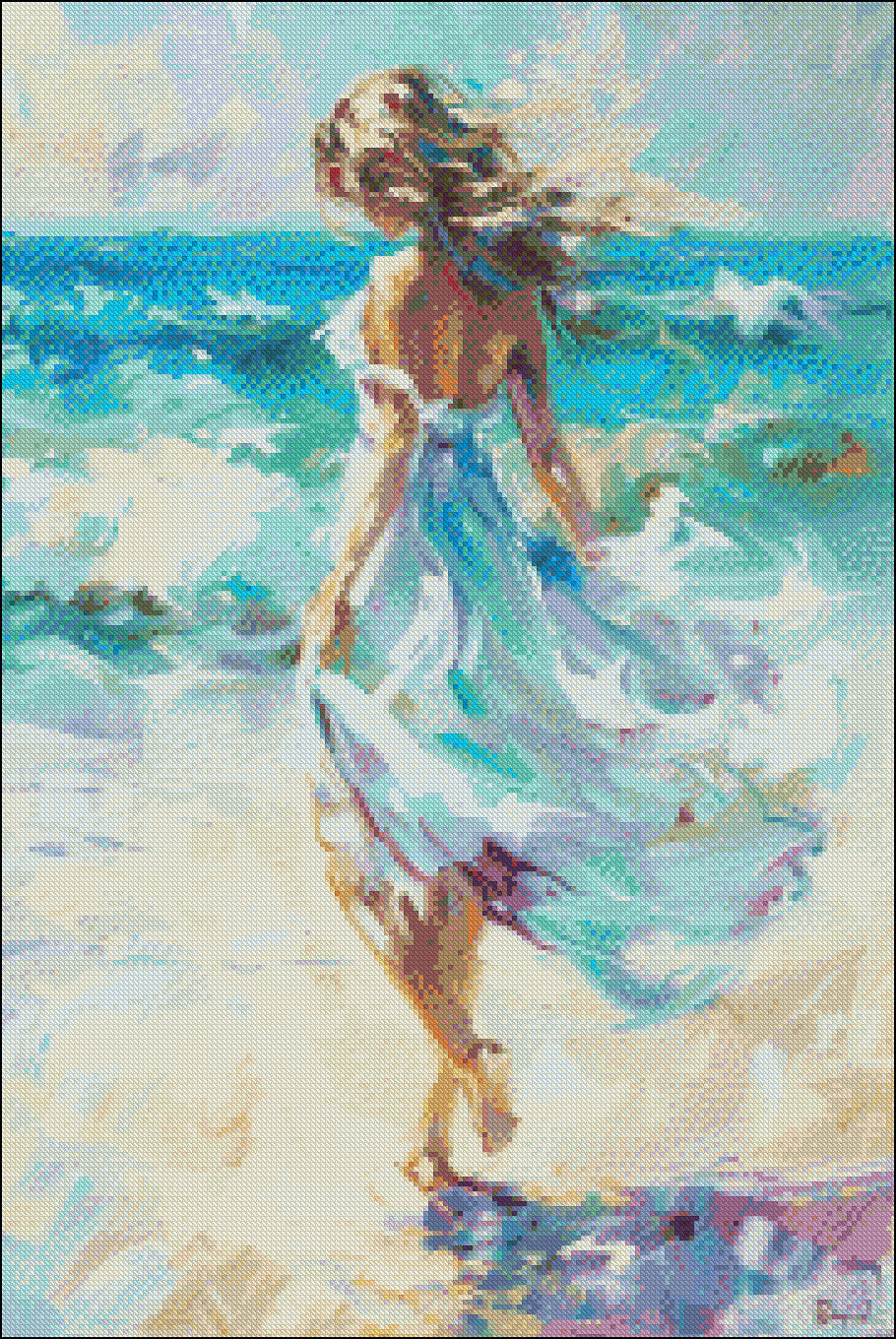Girl on Beach - Counted Cross Stitch Patterns Embroidery Crafts Needlework DIY Chart DMC Color