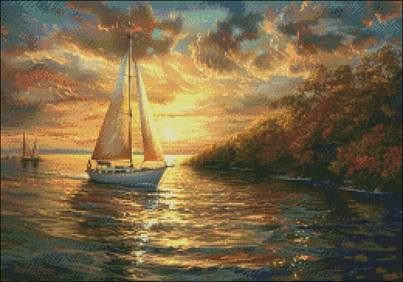 Yacht at Sunset - Counted Cross Stitch Patterns Embroidery Crafts Needlework DIY Chart DMC Color