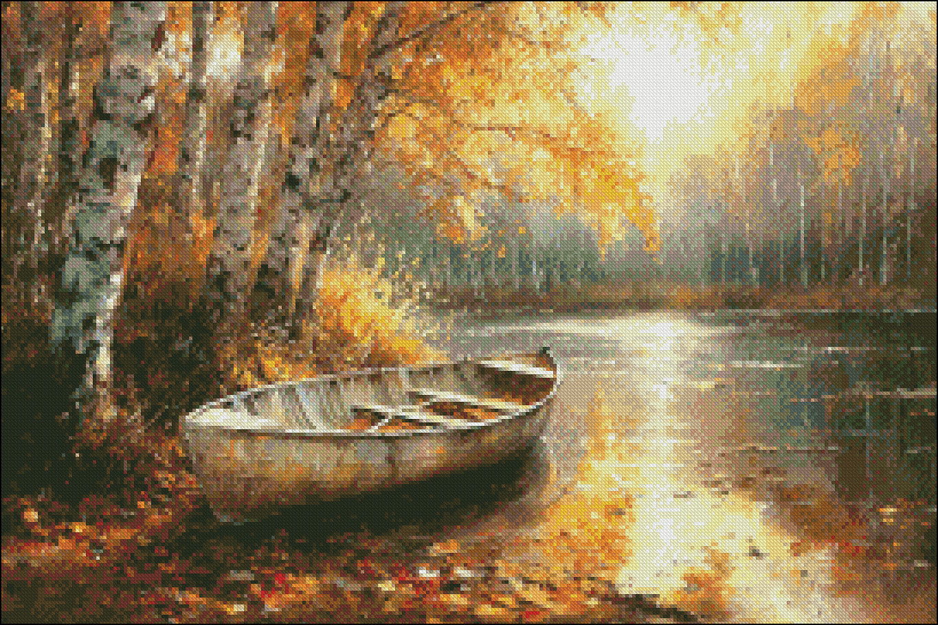 Small Boat on the River Bank - Counted Cross Stitch Patterns Embroidery Crafts Needlework DIY Chart DMC Color