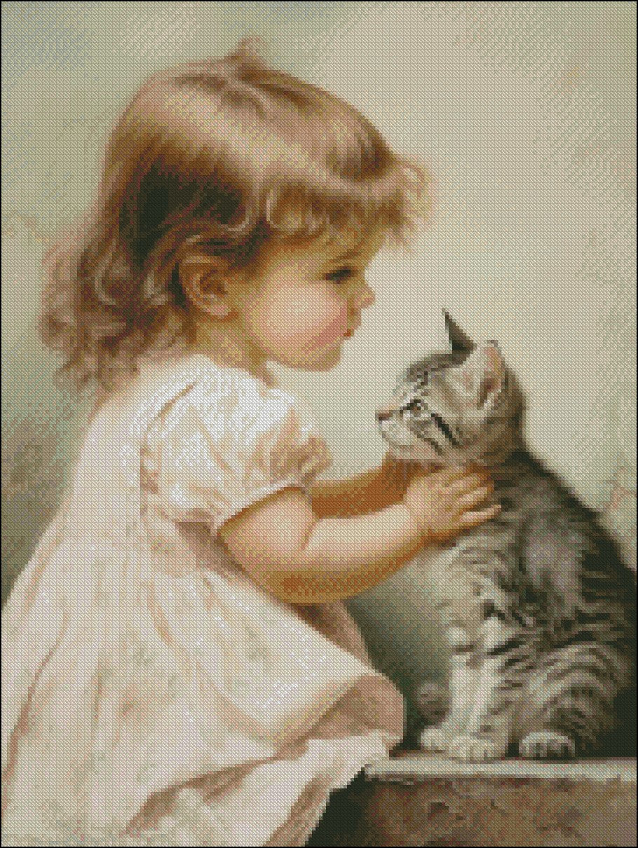 Little Girl and a Kitten 2 - Counted Cross Stitch Patterns Embroidery Crafts Needlework DIY Chart DMC Color