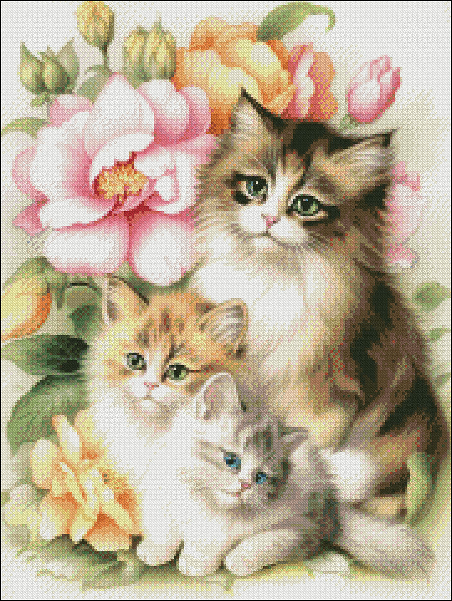 Kittens among Peonies - Counted Cross Stitch Patterns Embroidery Crafts Needlework DIY Chart DMC Color