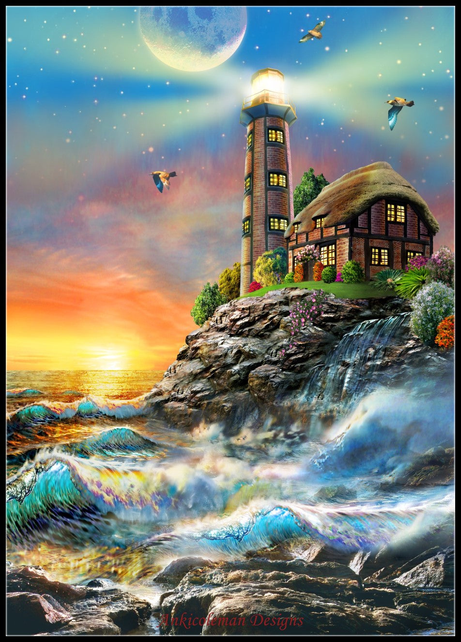 Lighthouse at Sunset - Counted Cross Stitch Patterns Embroidery Crafts Needlework DIY Chart DMC Color