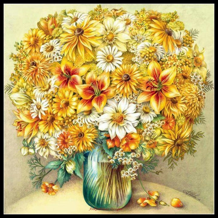 Blooming Flowers in Vase II - Counted Cross Stitch Patterns Embroidery Crafts Needlework DIY Chart DMC Color