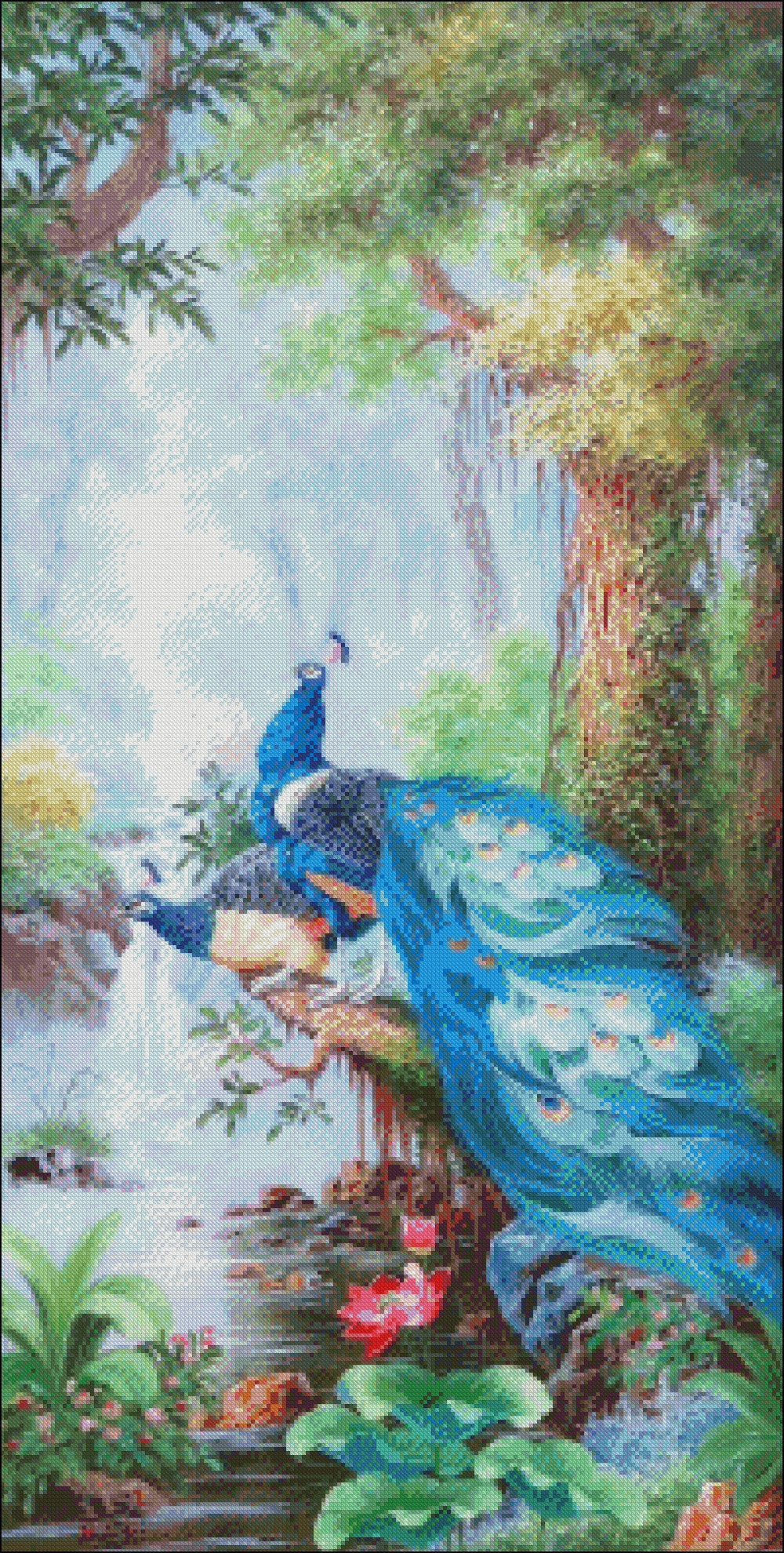 Peacock Falls 1 - Counted Cross Stitch Patterns Embroidery Crafts Needlework DIY Chart DMC Color